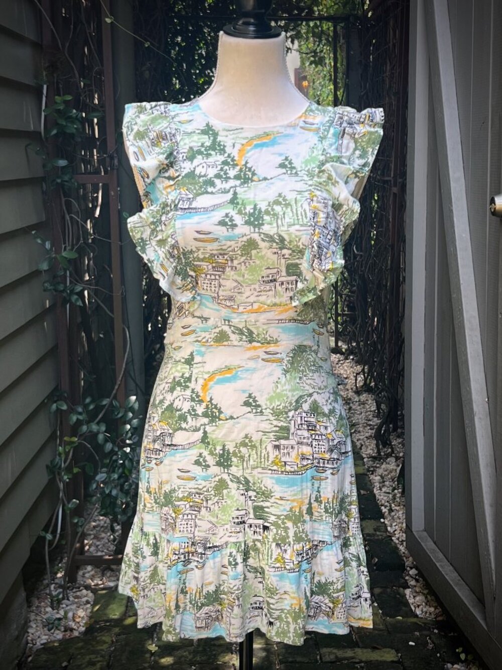 Sugarlips Francine Toile Print Ruffle Mini Dress Multi-Green Anthropologie Boho